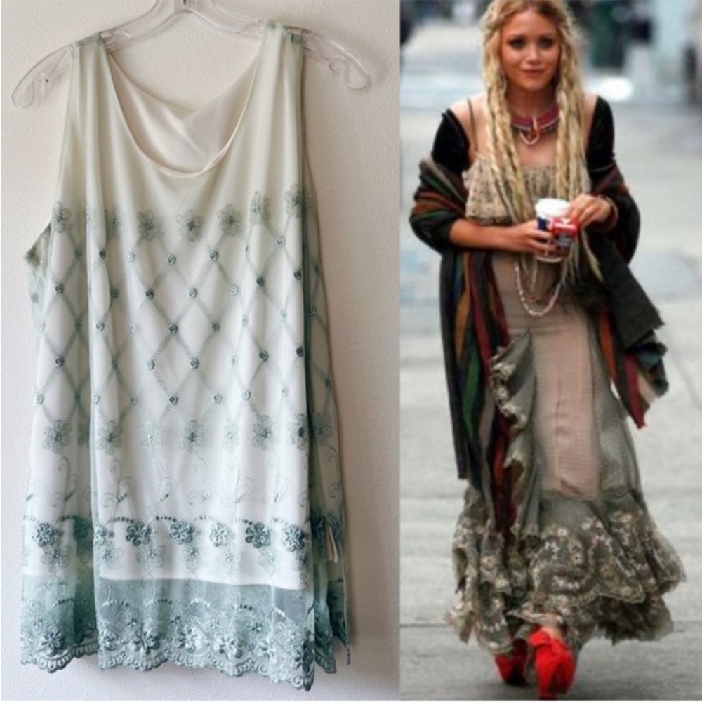 Vintage Y2K Green & Cream Lace Fairy Tank Top Blouse